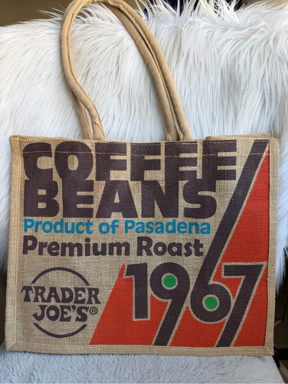 Trader Joe's Coffee Beans 1967 Pasadena Jute Tote Reusable Bag